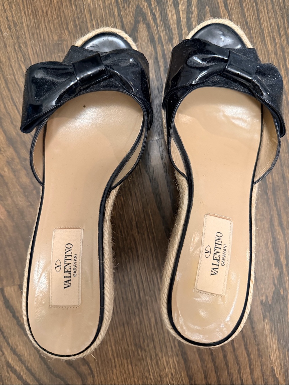 Valentino Garavani Black Patent Bow Espadrille Slides